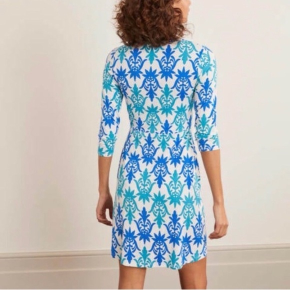 Boden Tory Tunic Dress White Blue Jersey Stretch 3/4 Sleeve V Neck US Size 10 - Picture 3 of 9